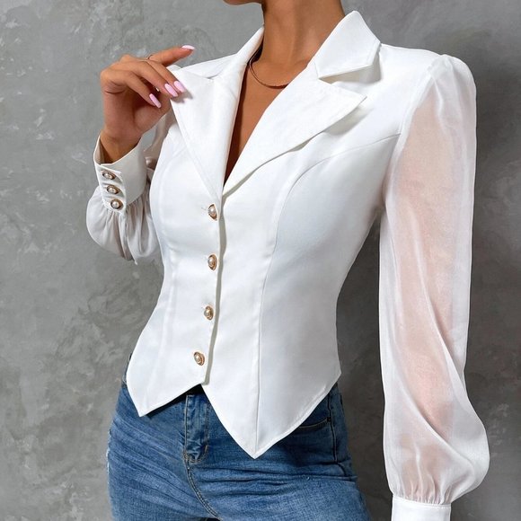 White Preppy Womens Solid Contrast Mesh Asymmetrical Hem Blazer - Picture 4 of 5